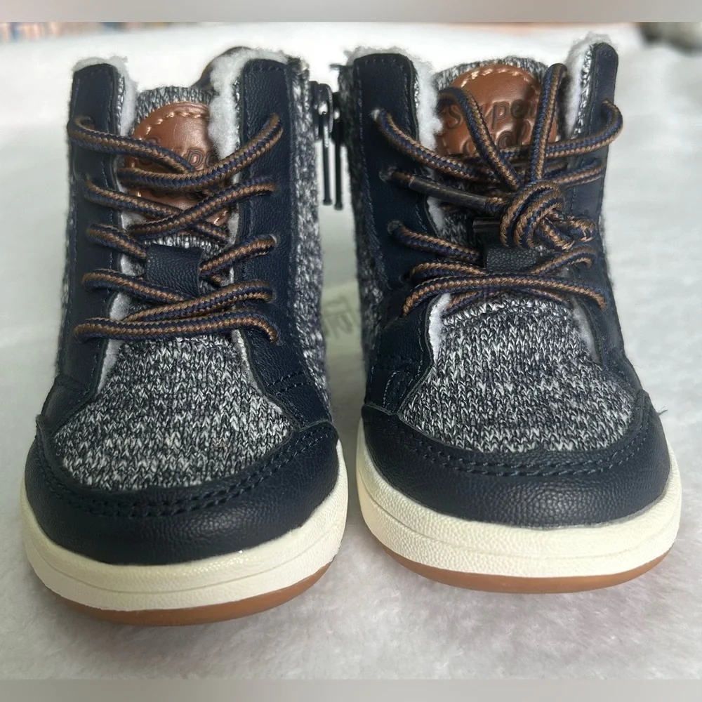 H&M Toddler Kids 2.5-3.5 Navy Blue/Brown Boots white faux fur inside side zipper